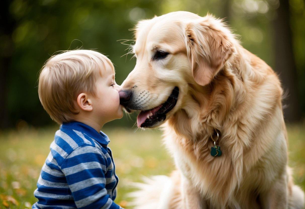 A golden retriever nuzzles a child's face, tail wagging