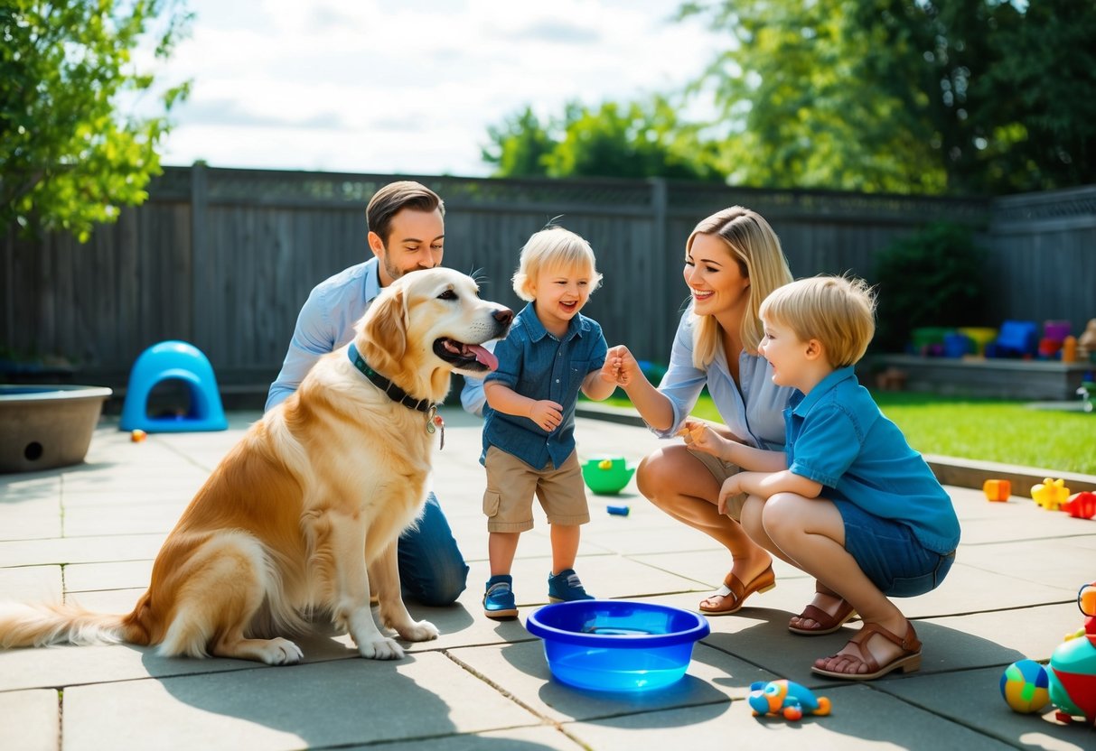 A happy family playing with a friendly golden retriever in a spacious backyard, surrounded by toys and a water bowl