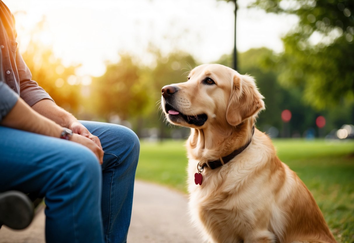 A golden retriever nuzzling a person's leg as they sit on a park bench, looking up with adoring eyes