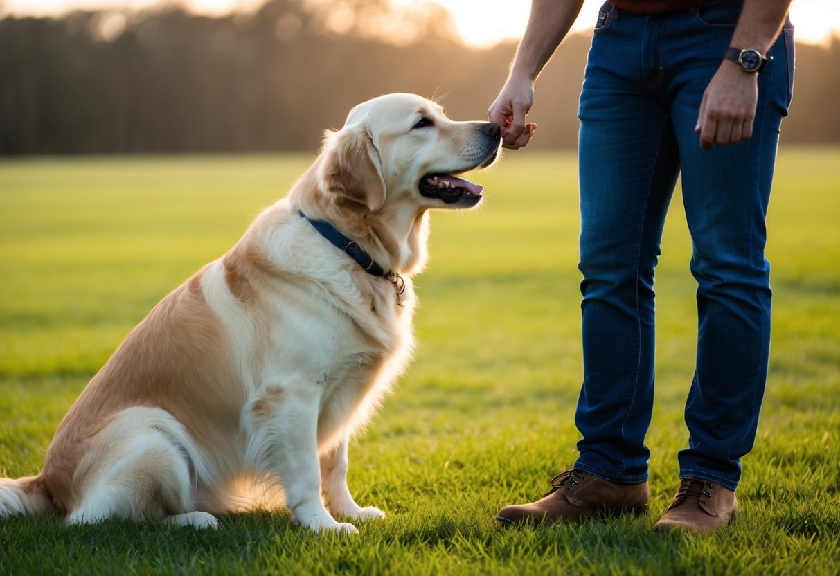 A golden retriever nuzzling a person's leg with a wagging tail