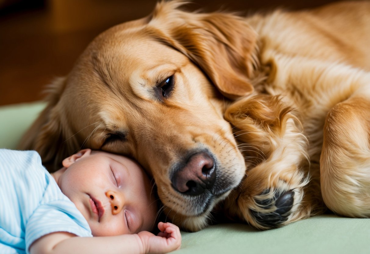 A golden retriever nuzzles a sleeping baby, their gentle eyes filled with warmth and kindness