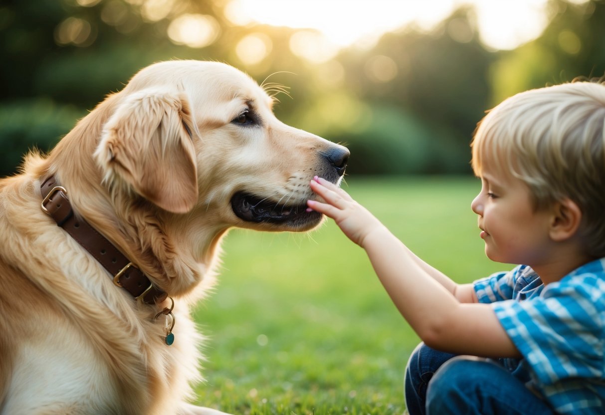 A golden retriever nuzzling a child's hand, surrounded by a peaceful family setting