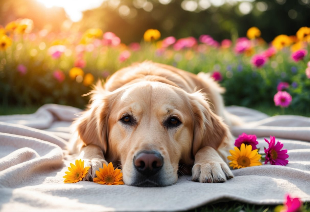 A golden retriever lying peacefully on a soft blanket, surrounded by colorful flowers and bathed in warm sunlight