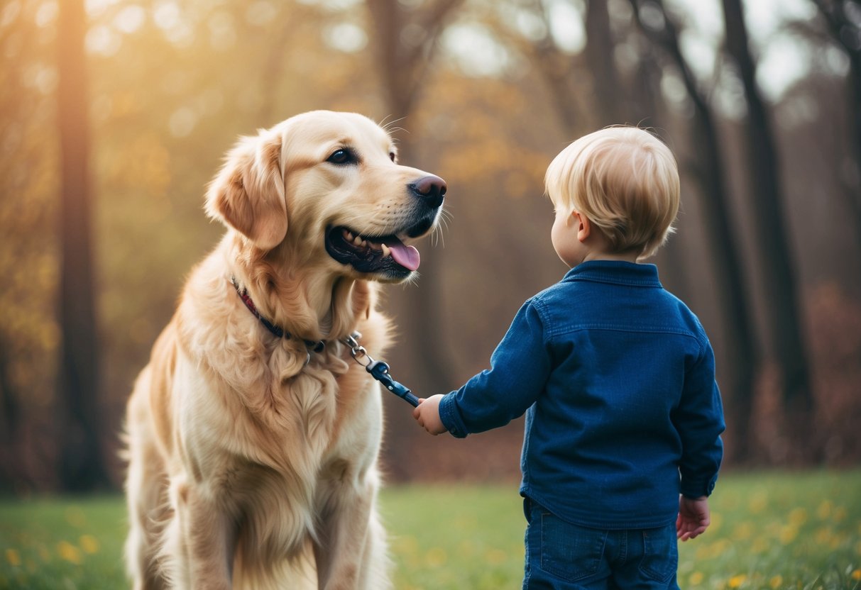 A golden retriever standing by a child's side, wagging its tail
