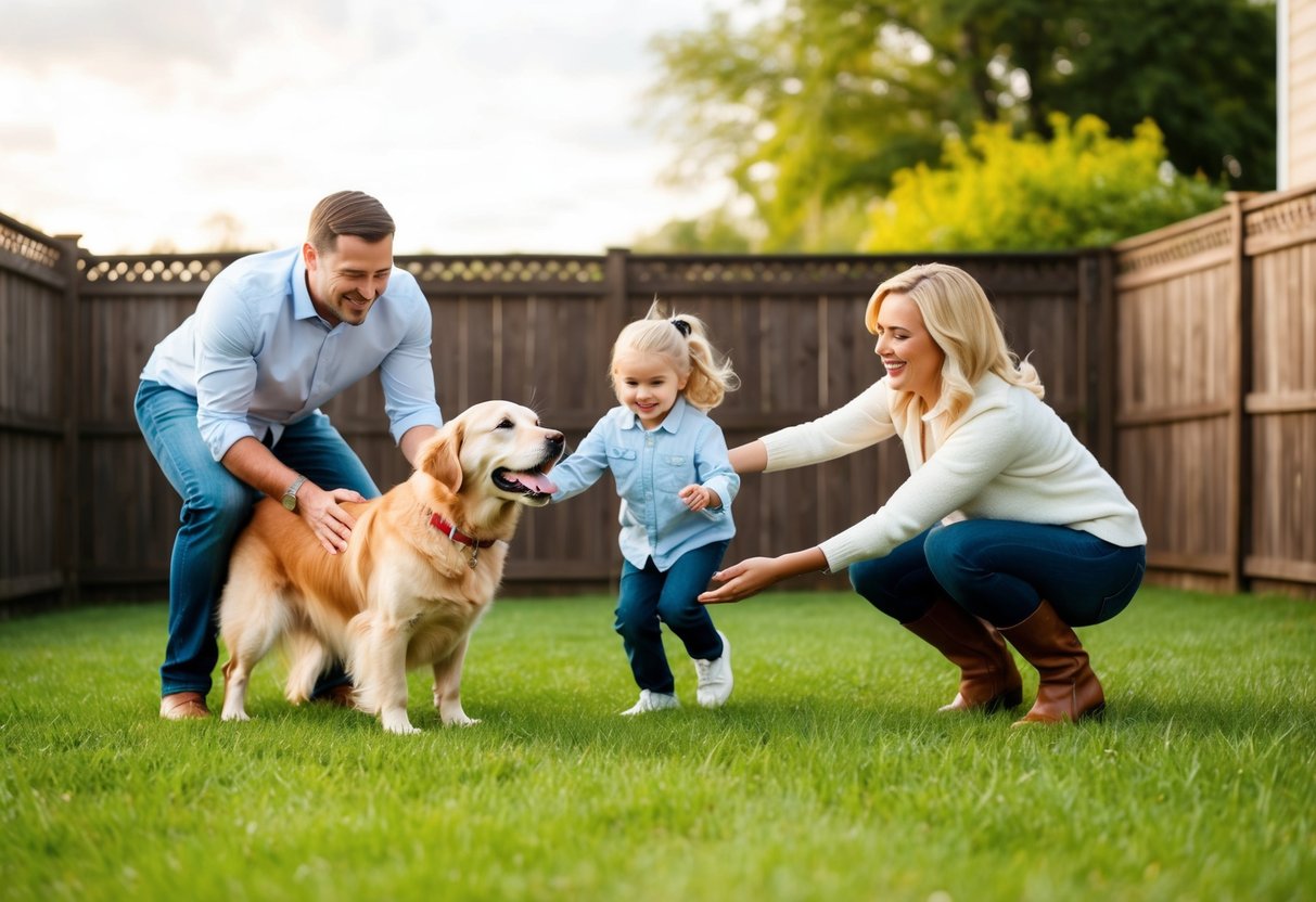 A happy family playing with a friendly golden retriever in a fenced backyard