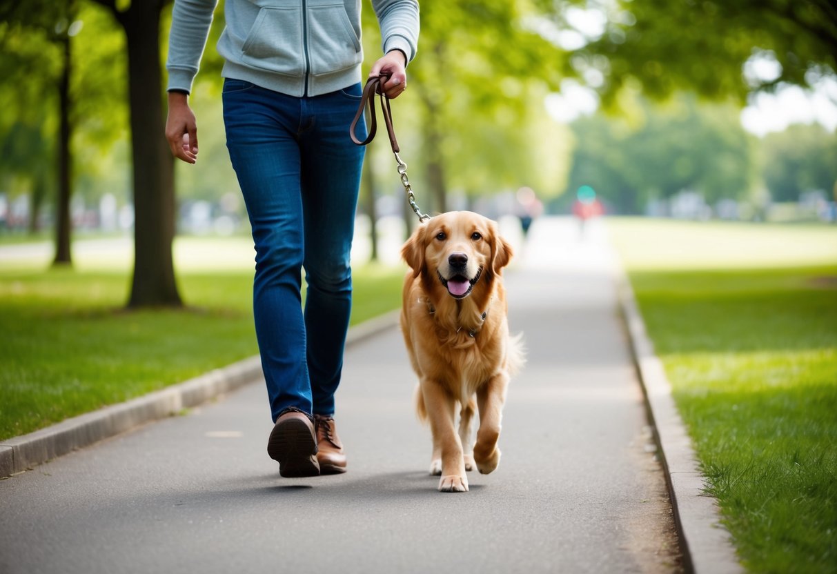 A person walking a friendly and calm Golden Retriever on a leash in a well-maintained park