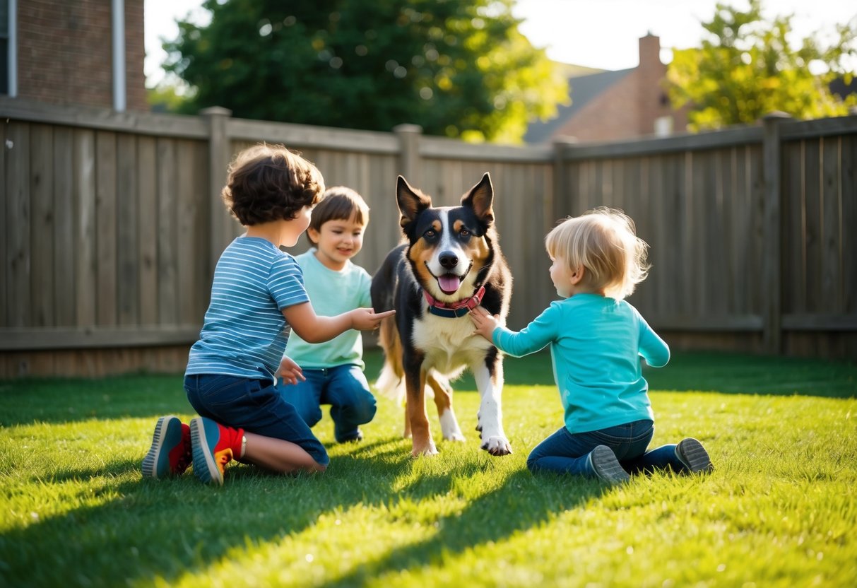 A mixed-breed dog happily plays with children in a fenced backyard, showcasing its friendly and gentle nature