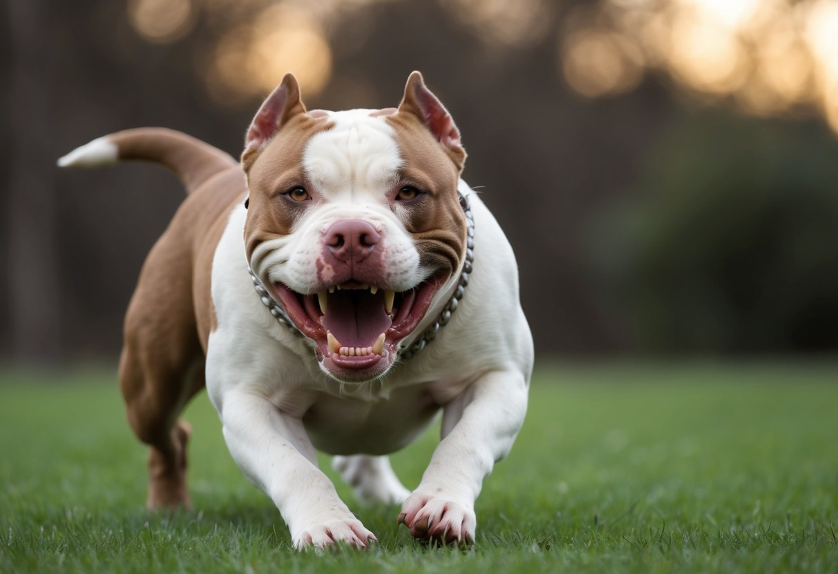 A snarling pit bull lunges forward, teeth bared, eyes fixed on its target