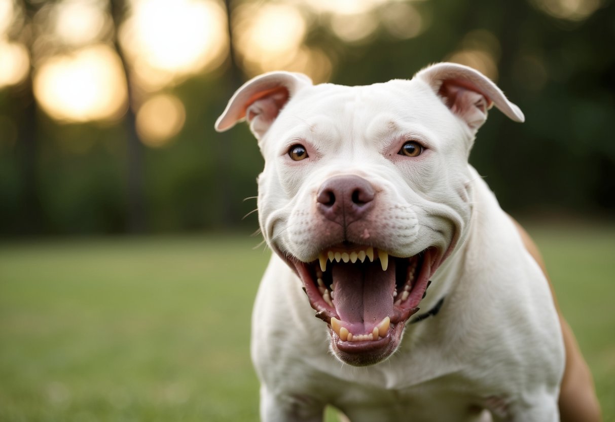 A snarling pit bull lunges at the camera, teeth bared and eyes wild