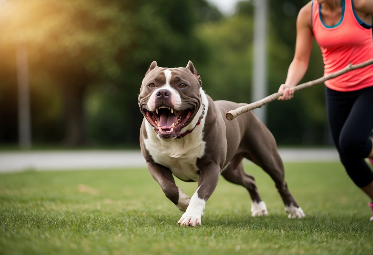 A snarling pit bull lunges forward, teeth bared, as a startled jogger tries to fend it off with a stick