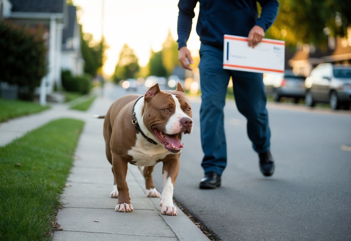 A snarling pit bull lunges at a mail carrier on a suburban street