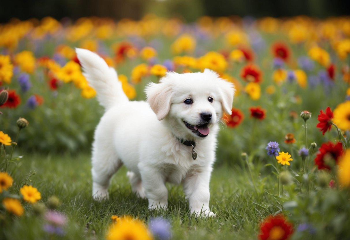 A fluffy white puppy named Max, wagging his tail in a field of colorful flowers