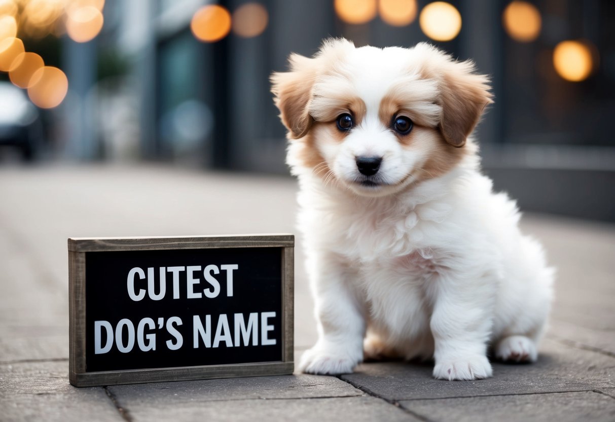 A fluffy white puppy with big brown eyes sits next to a sign that reads "Cutest Dog's Name."