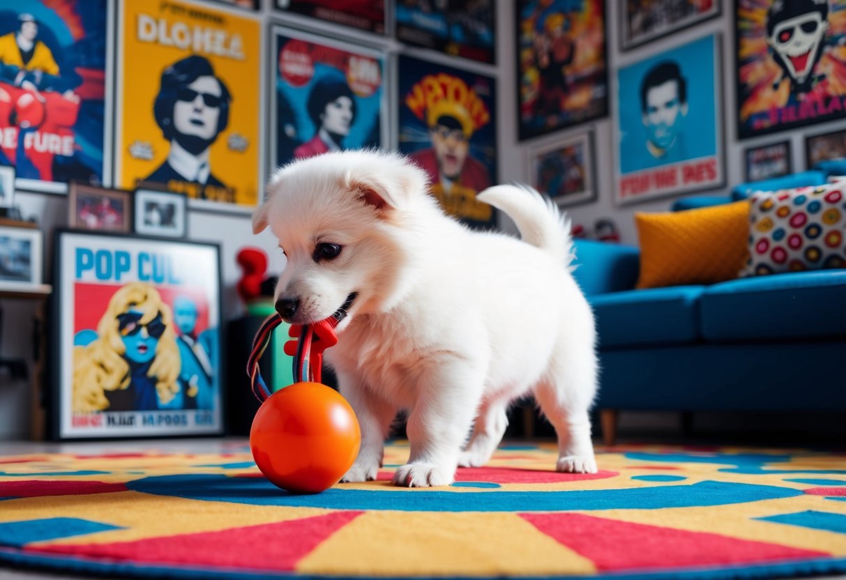 A fluffy white puppy named Luna plays with a toy in a colorful room filled with pop culture posters and memorabilia