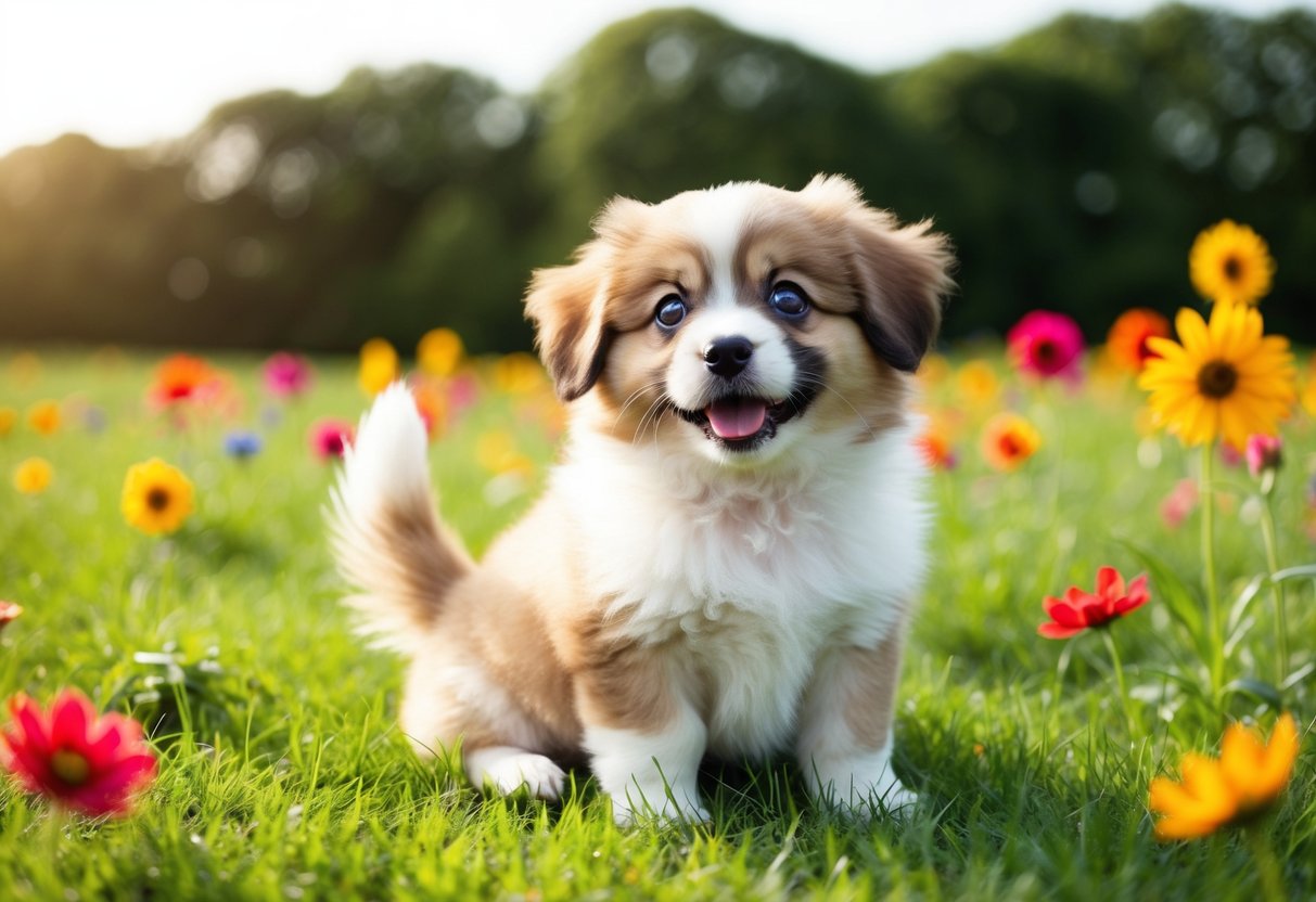 A fluffy puppy with big, round eyes sits on a grassy field, surrounded by colorful flowers. Its tail wags eagerly as it looks up with a playful expression