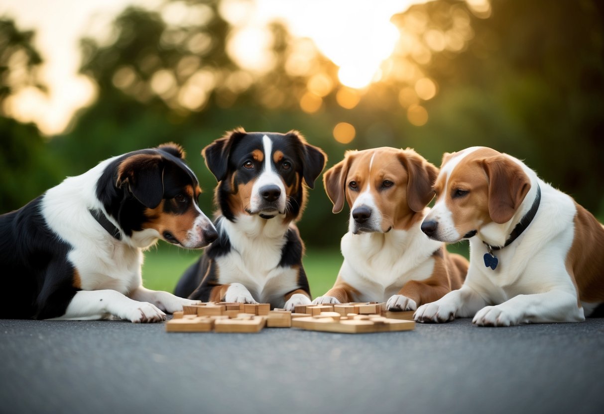 Four intelligent dogs solving puzzles together