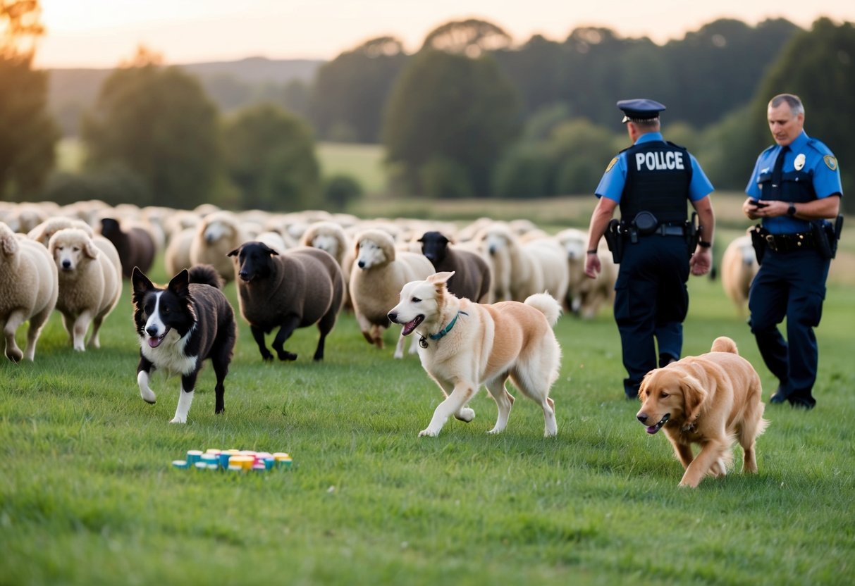 A border collie herding sheep in a field, while a poodle solves a puzzle, a German shepherd assists a police officer, and a golden retriever retrieves objects