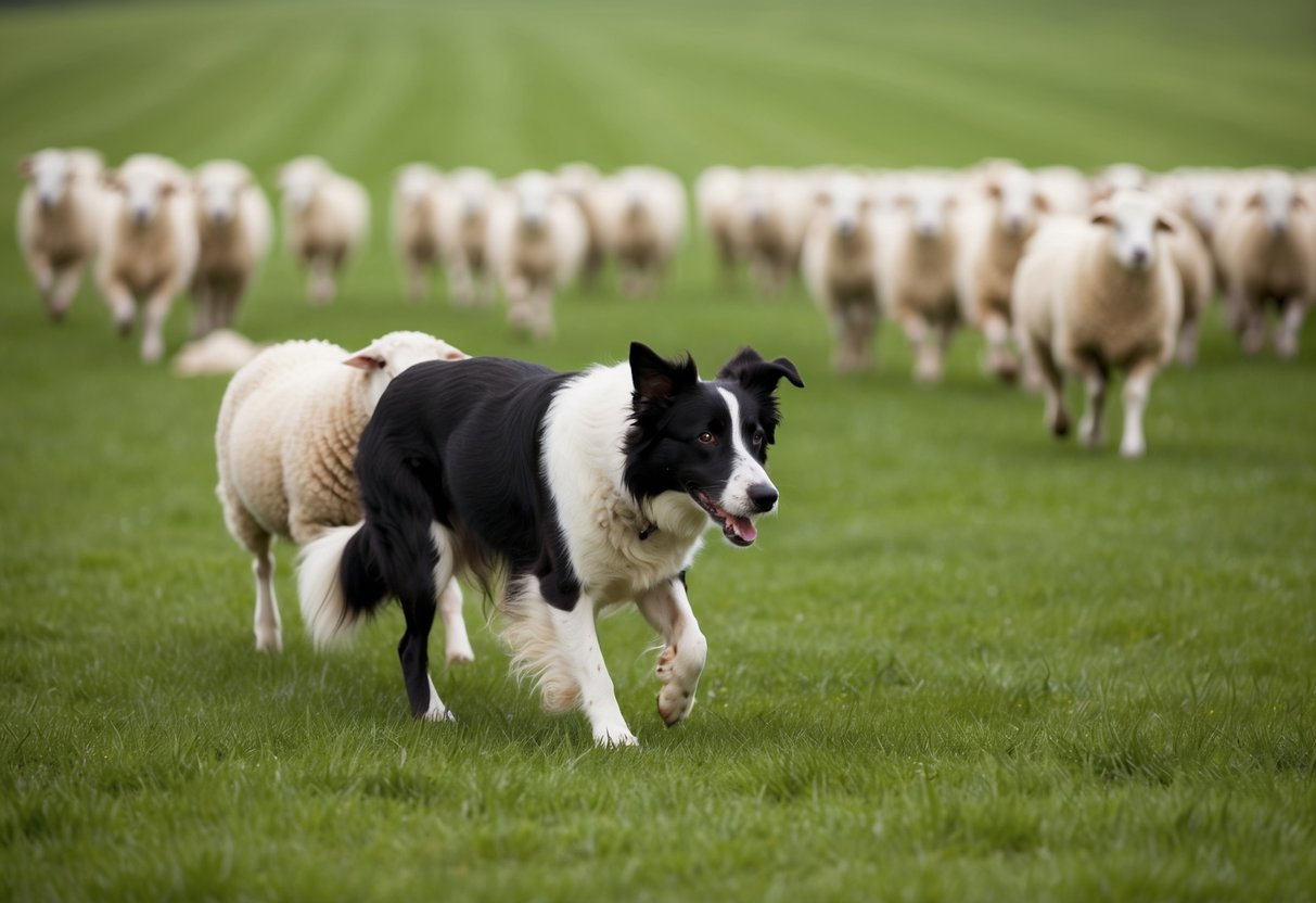 A border collie herding sheep in a sprawling green field