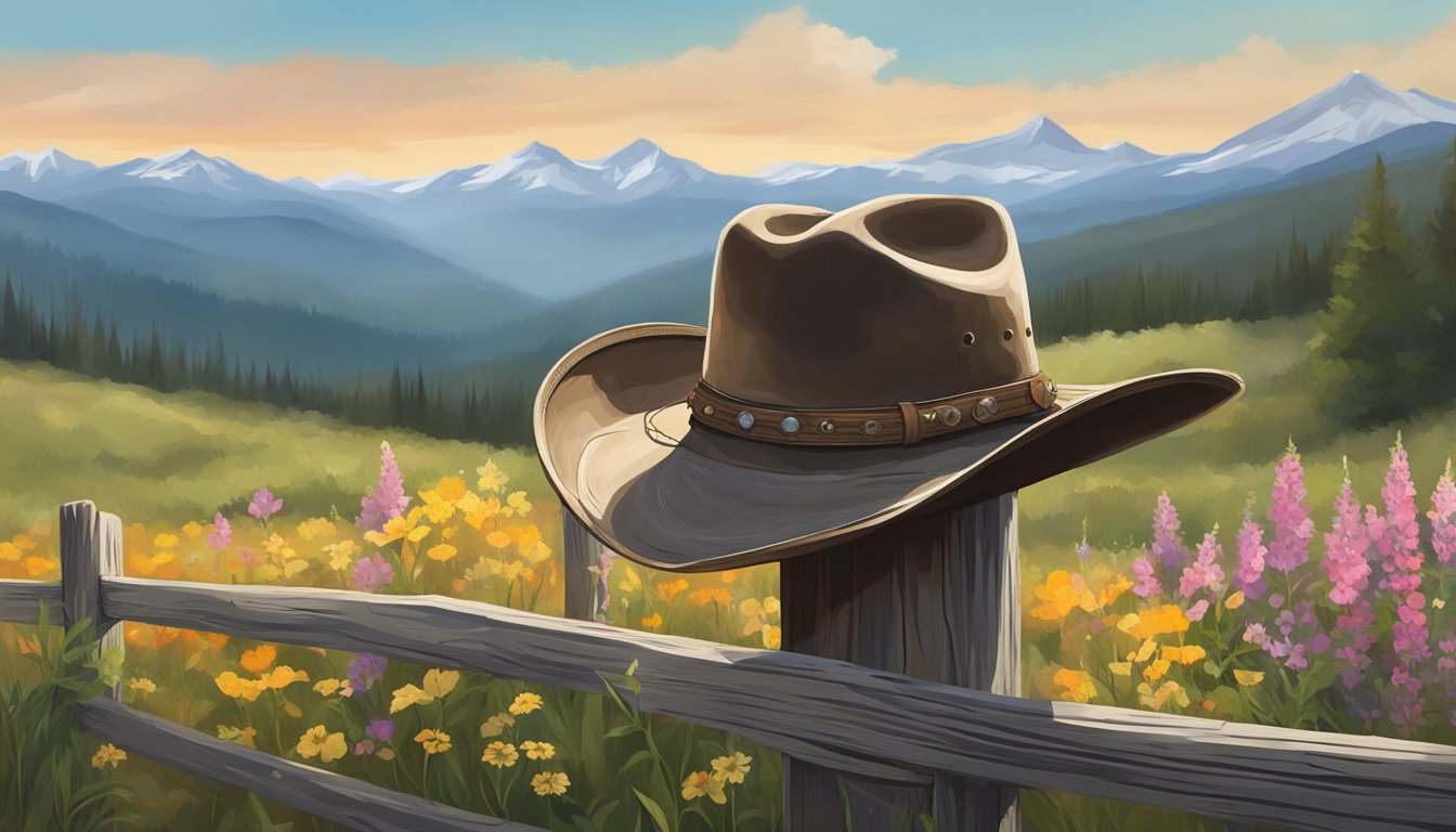 A rugged cowboy hat rests on a weathered fence post, surrounded by wildflowers and a distant mountain range