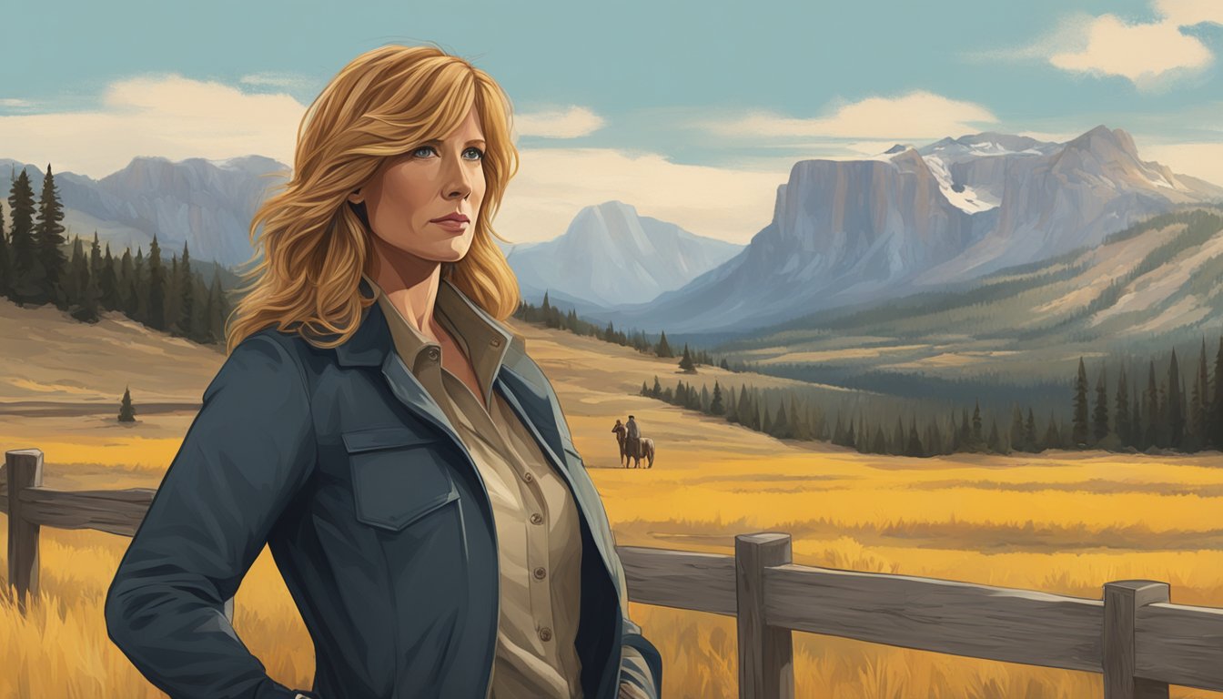 Kelly Reilly's character Beth Dutton stands confidently against a backdrop of the iconic Yellowstone landscape, exuding a sense of strength and determination