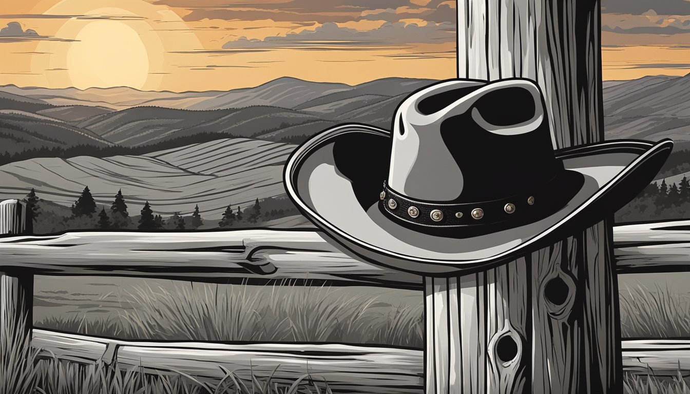 A rugged cowboy hat rests on a weathered fence post against a backdrop of rolling hills and a dramatic sunset