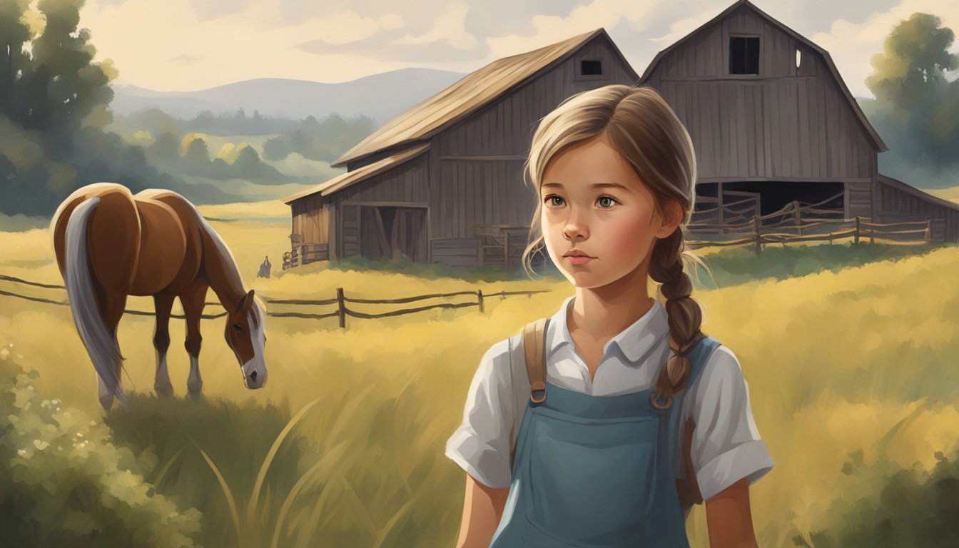 A young girl with a determined expression gazes out at a picturesque countryside, surrounded by horses and a rustic barn