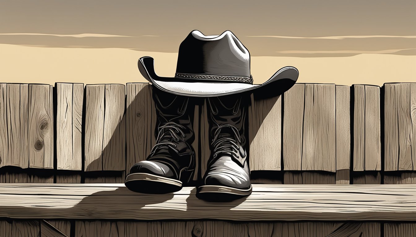 A rugged cowboy hat rests on a weathered wooden fence post, casting a shadow over a pair of well-worn boots