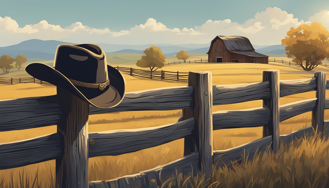 A cowboy hat resting on a weathered fence post, with a backdrop of rolling hills and a rustic barn