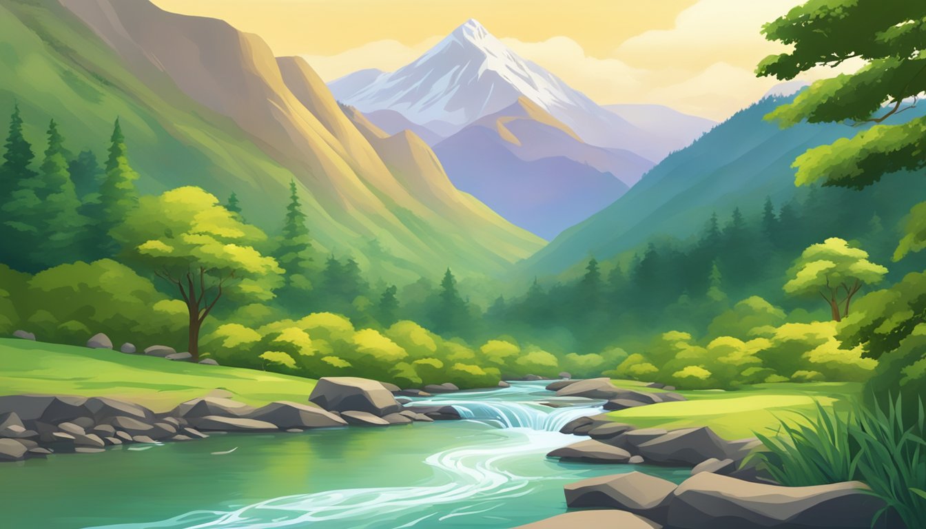 A serene landscape with a flowing river, lush greenery, and a dramatic mountain backdrop