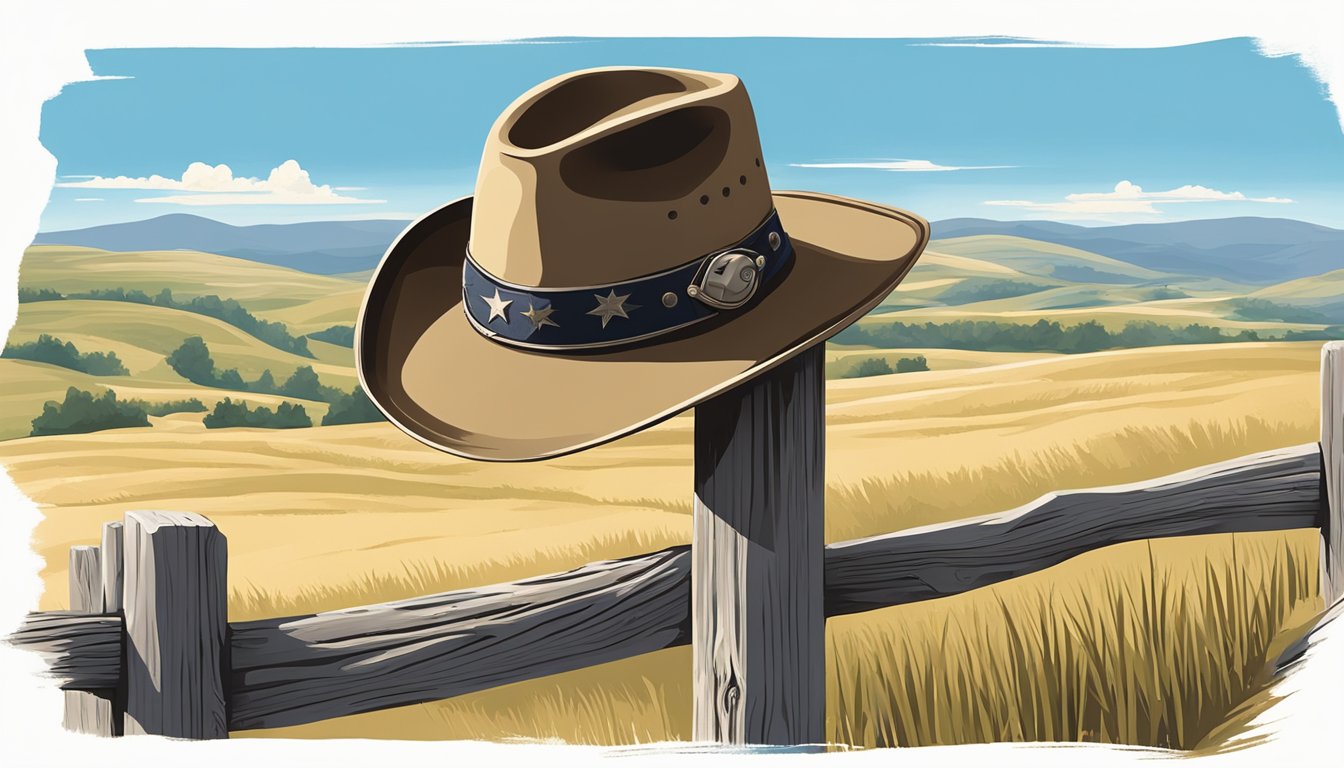 A lone cowboy hat resting on a weathered wooden fence post, with a backdrop of rolling hills and a clear blue sky