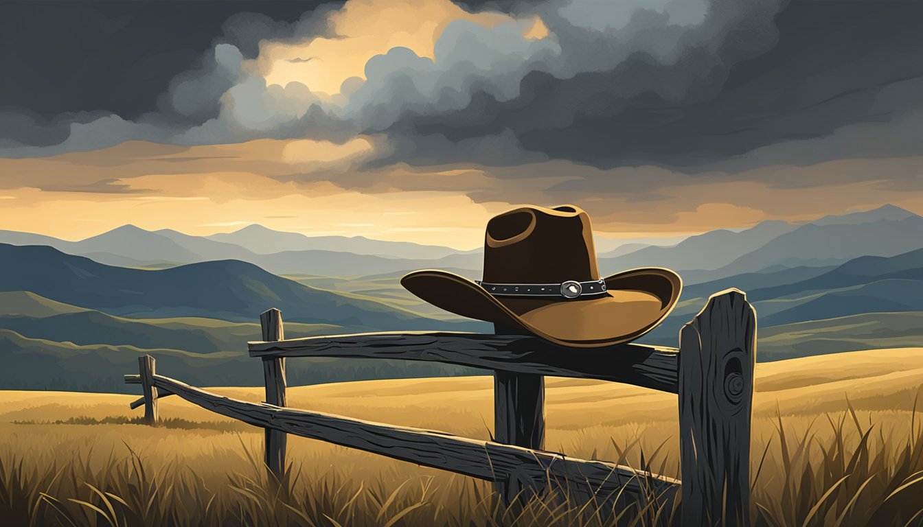 A lone cowboy hat sits atop a weathered fence post against a backdrop of rolling hills and a dramatic, stormy sky