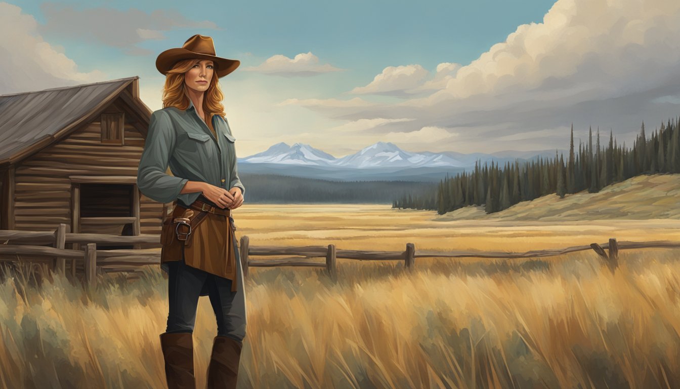 A stoic Kelly Reilly character portrait in a rustic, western setting with a backdrop of the Yellowstone landscape