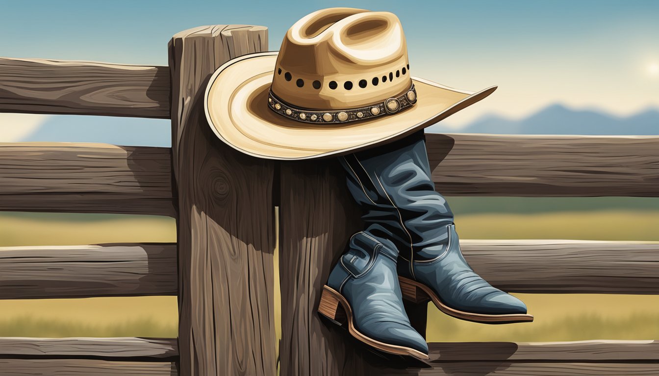 A cowboy hat on a weathered wooden fence post, with a pair of cowboy boots resting nearby