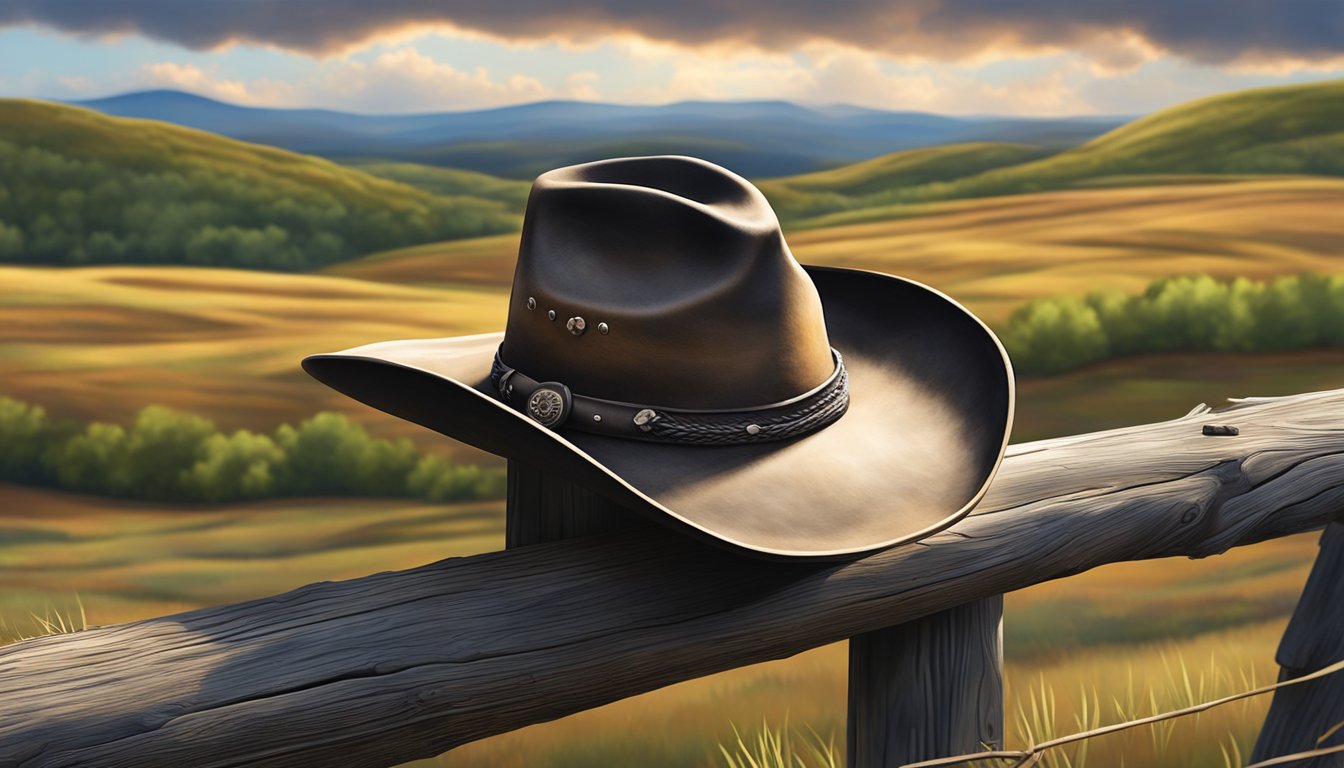 A rugged cowboy hat on a weathered fence post, with a backdrop of rolling hills and a dramatic sky