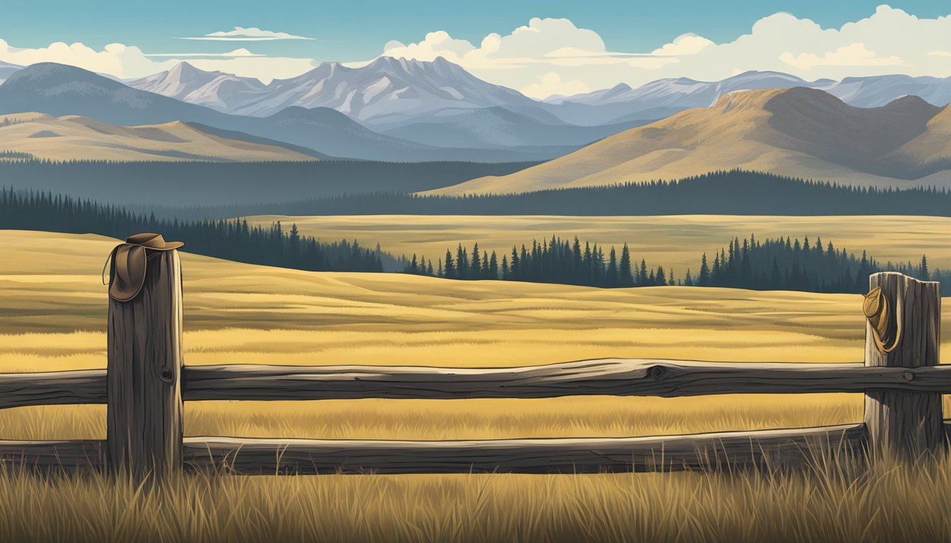 A lone cowboy hat rests on a weathered fence post, surrounded by the vast expanse of the Yellowstone landscape