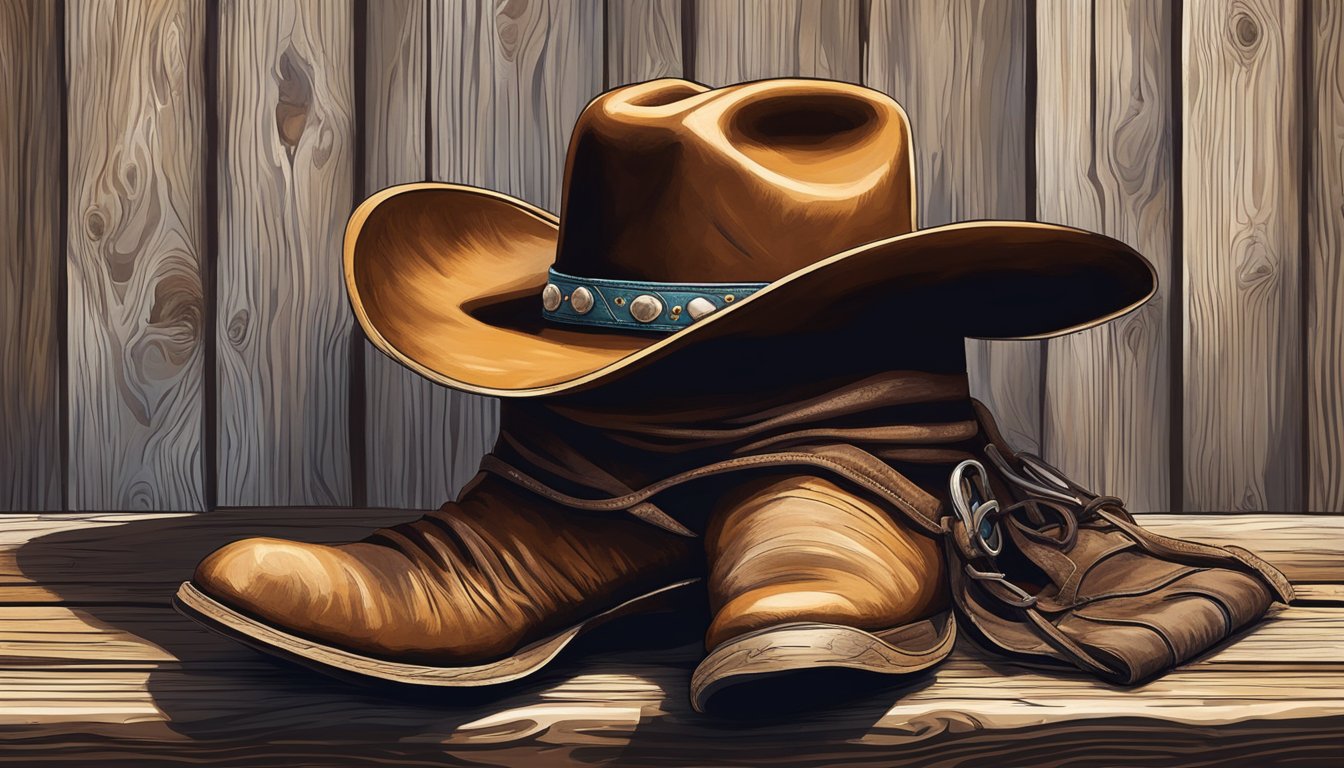 A rugged cowboy hat hangs on a weathered wooden post, surrounded by leather boots and a worn saddle