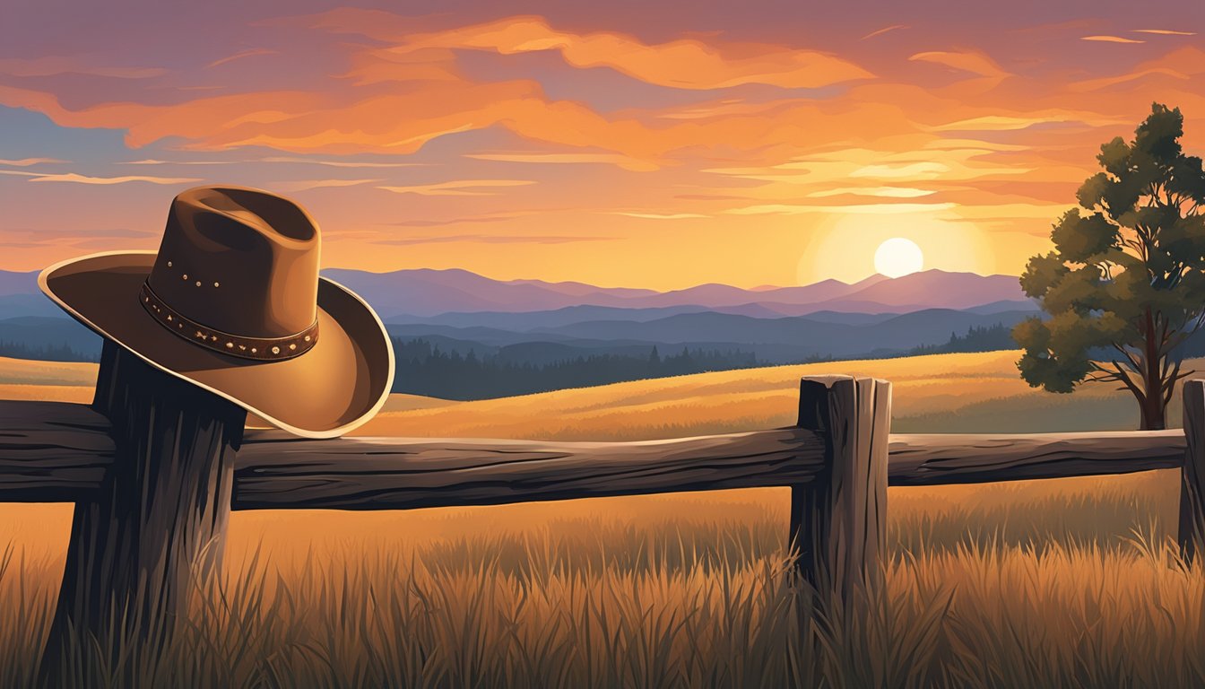 A lone cowboy hat rests on a weathered fence post against a backdrop of rolling hills and a fiery sunset