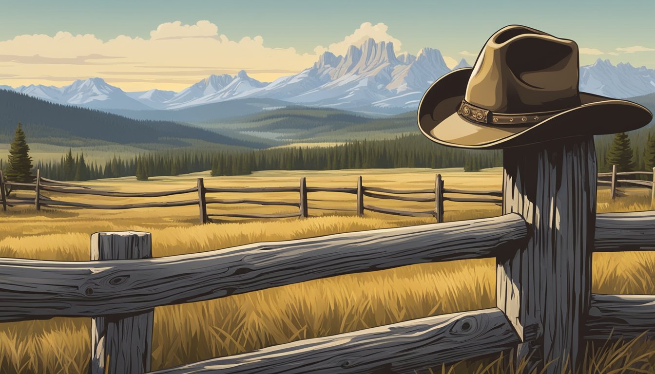 A rugged cowboy hat sits atop a weathered wooden fence post, surrounded by the sprawling landscape of Yellowstone National Park