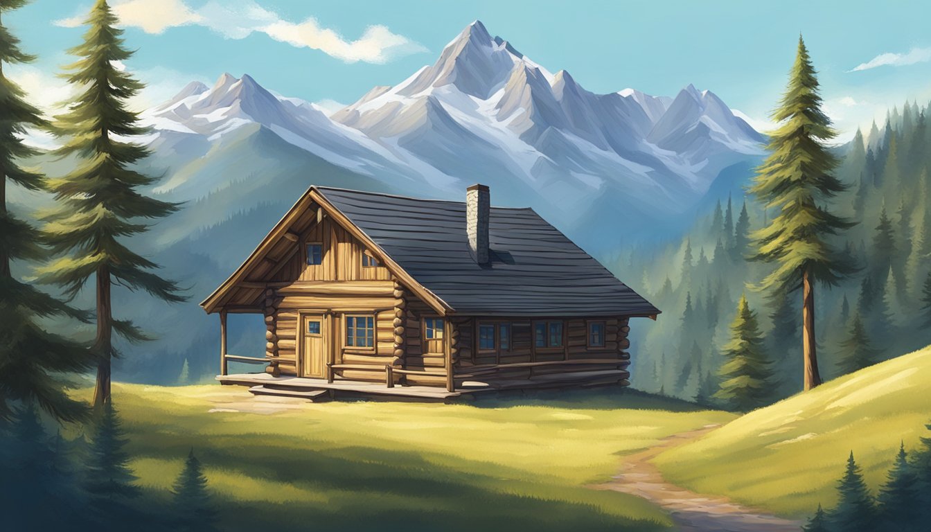 A serene landscape with a rustic cabin nestled in the mountains, surrounded by tall pine trees and a clear blue sky