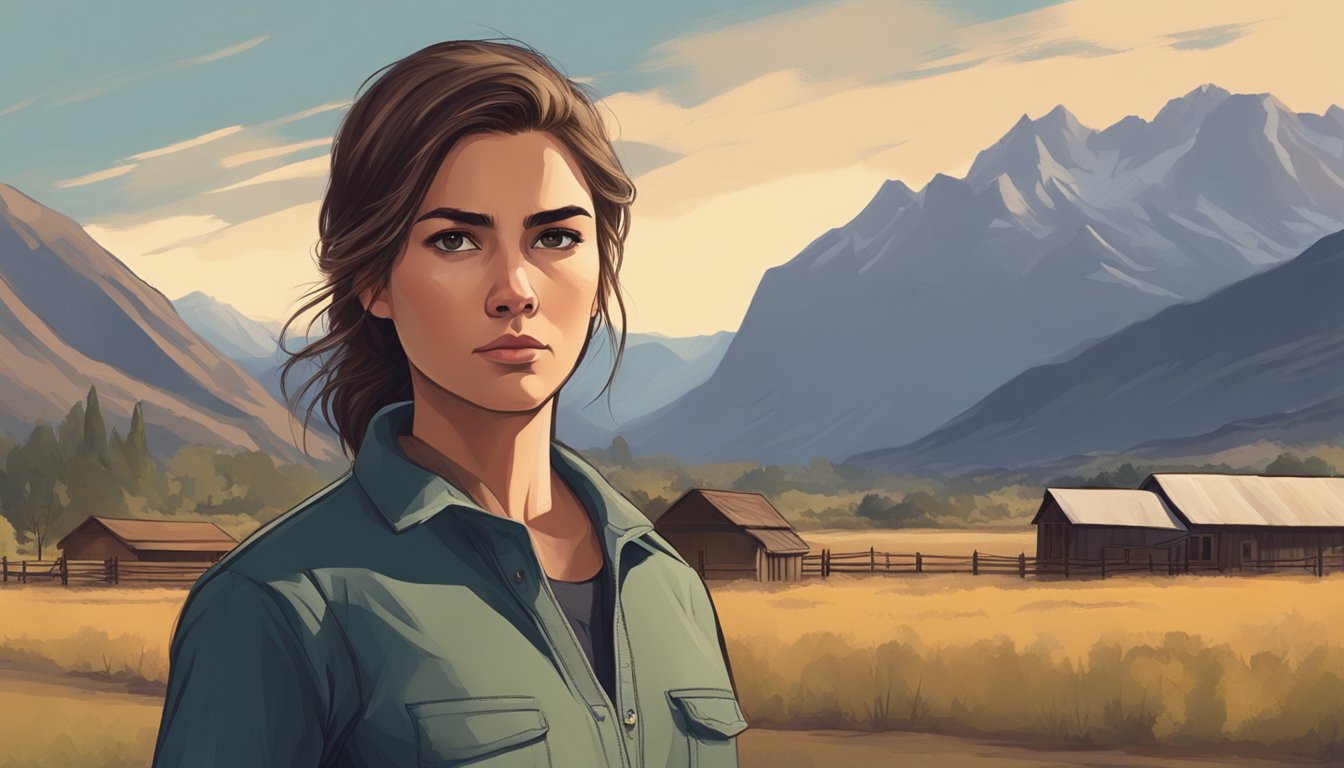 A young woman with a determined expression, standing against a backdrop of rugged mountains and a sprawling ranch