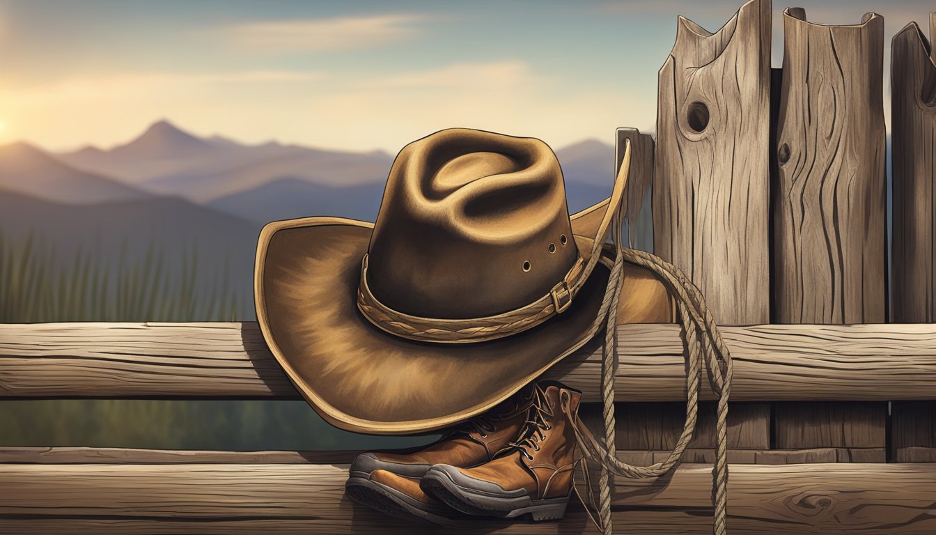 A rugged cowboy hat resting on a weathered wooden fence post, with a pair of well-worn boots and a lasso hanging nearby