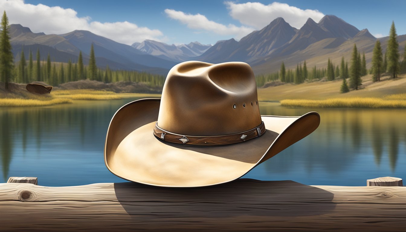 A cowboy hat rests on a weathered wooden fence post, with a backdrop of rugged mountains and a flowing river