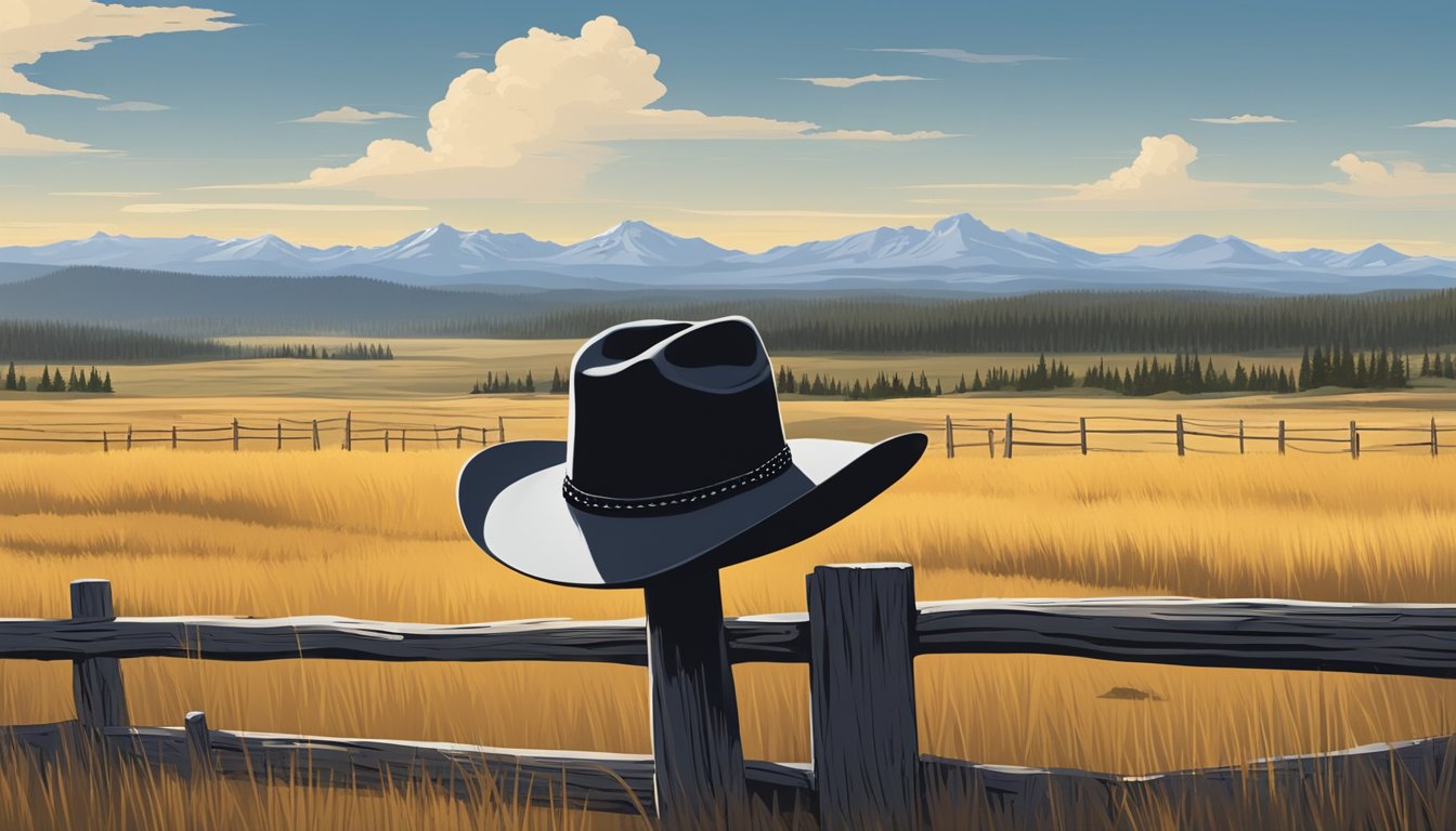 A lone cowboy hat resting on a weathered fence post, with the vast expanse of the Yellowstone landscape stretching out behind it