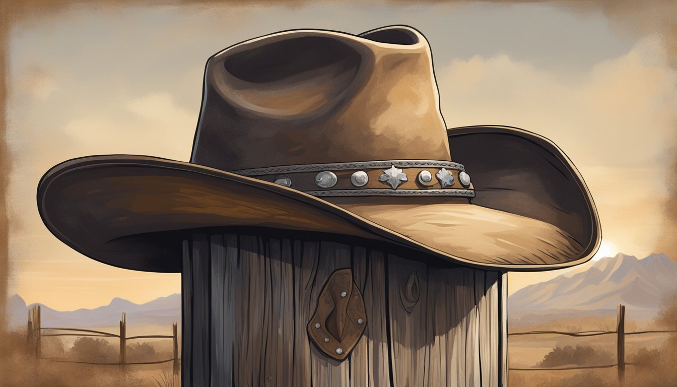 A rugged cowboy hat hangs on a weathered wooden post, surrounded by a dusty backdrop of Western memorabilia