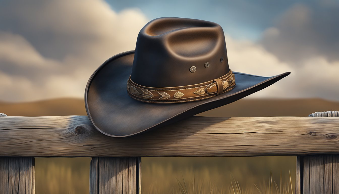 A rugged cowboy hat rests on a weathered wooden fence post, with a pair of leather gloves draped over the top