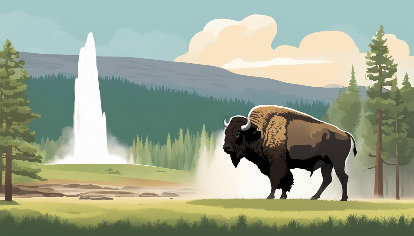 A lone bison grazing in front of the iconic Old Faithful geyser, surrounded by a diverse array of wildlife and lush greenery