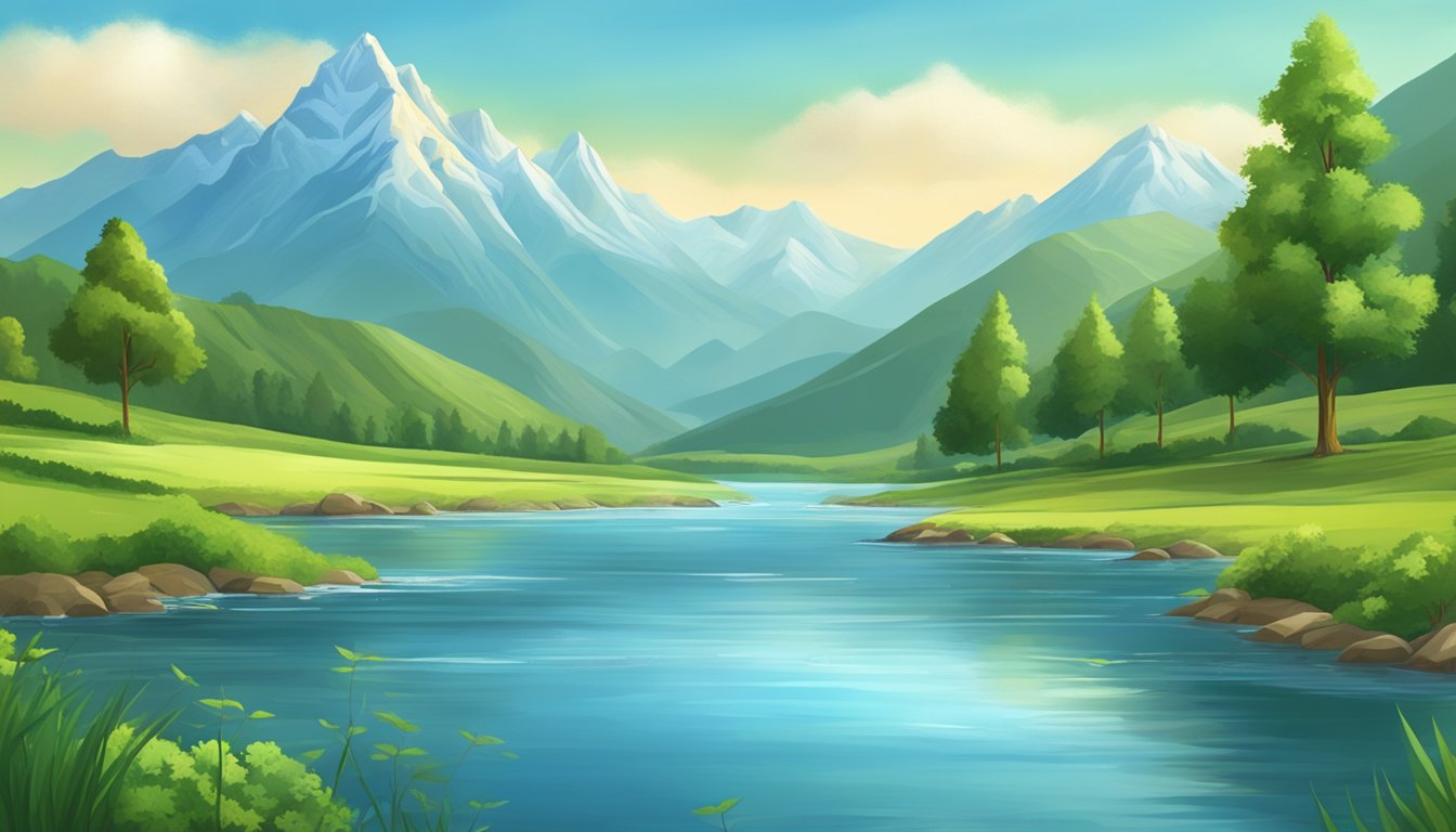 A serene landscape with a majestic mountain range, a flowing river, and lush greenery under a clear blue sky