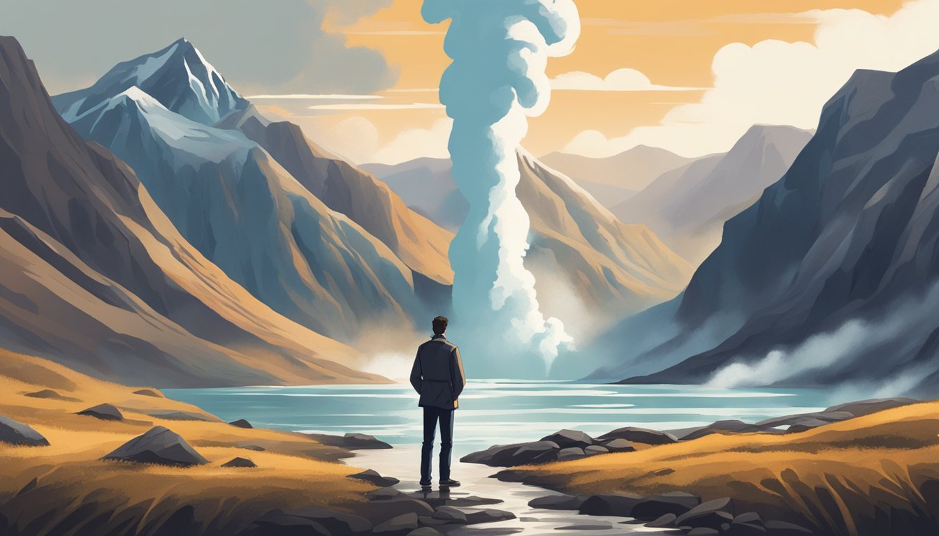 A lone figure stands against a backdrop of rugged mountains and geysers, exuding confidence and determination