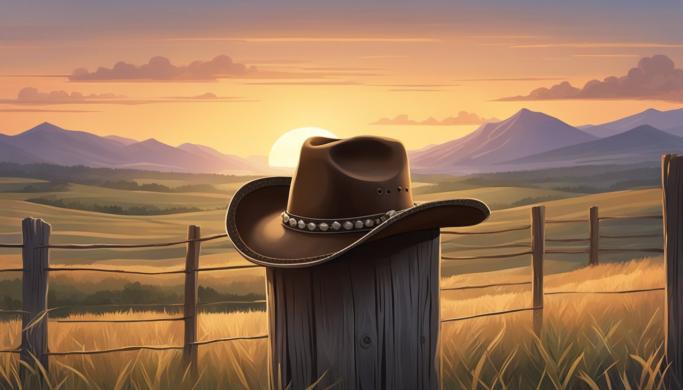 A rugged cowboy hat resting on a weathered wooden fence post, with a backdrop of rolling hills and a hint of a sunset in the distance