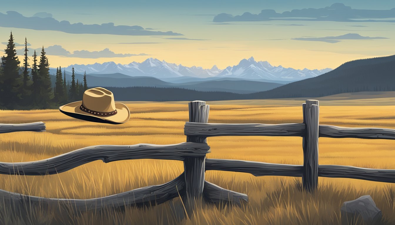 A lone cowboy hat resting on a weathered fence post, with the vast expanse of the Yellowstone wilderness in the background